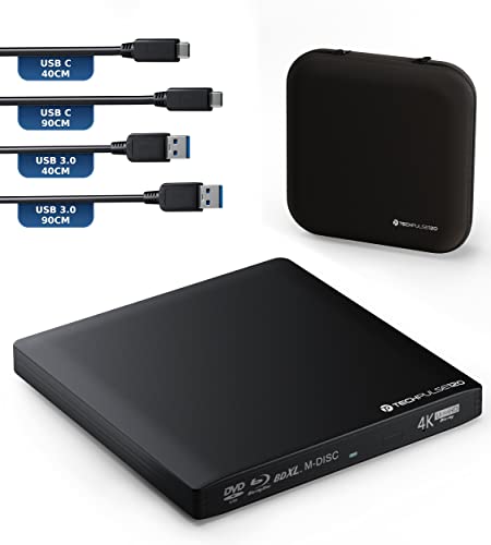 techPulse120 Externes USB 3.1 USB-C UHD 4k 3D M-DISC Blu-ray DVD CD BDXL HDR10 100GB Laufwerk Brenner Burner Superdrive BD Imperator Paket Tasche 90cm Anschlusskabel Aluminium Schwarz von techPulse120