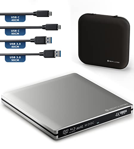 techPulse120 Externes USB 3.1 USB-C UHD 4k 3D M-DISC Blu-ray DVD CD BDXL HDR10 128GB Laufwerk Brenner Burner Superdrive BD Imperator Paket Tasche 90cm Anschlusskabel Aluminium Silber von techPulse120
