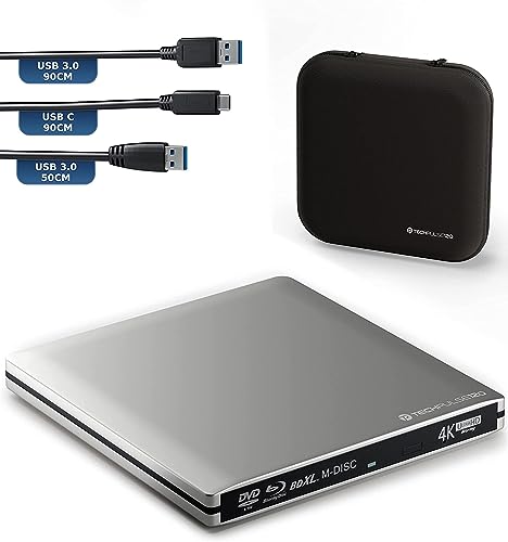 techPulse120 Externes UltraHD UHD 4k 3D M-DISC BDXL HDR10 100GB USB 3.0 & USB-C Laufwerk Bluray Brenner Burner Superdrive UltraSlim BD DVD CD Ultra Paket Tasche 90cm Anschlusskabel Aluminium Silber von techPulse120