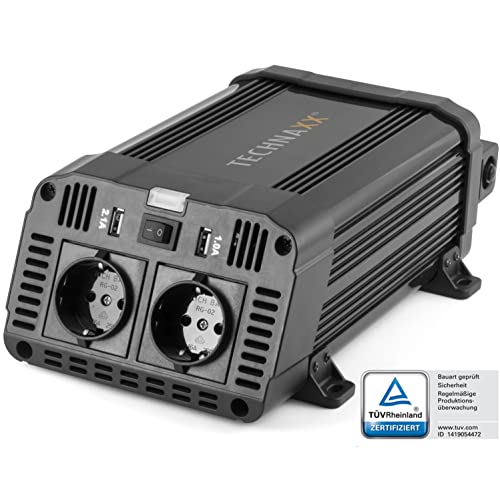 Technaxx KFZ Wechselrichter 12V auf 230V - TÜV Rheinland zertifiziert Auto Inverter mit 2x Schuko-Stecker und 2x USB-Port - Power 1200W / 2400W (Spitze) – Spannungswandler TE16 von technaxx