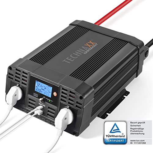 Technaxx KFZ Wechselrichter mit LC-Display 12V auf 230V - TÜV Rheinland zertifiziert Auto Inverter mit 2x Schuko-Stecker und 2x USB-Port - Power 2000W / 4000W (Spitze) – Spannungswandler TE20 von technaxx