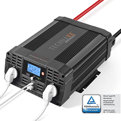 Technaxx KFZ Wechselrichter mit LC-Display 12v auf 230v Reiner Sinus - TÜV Rheinland zertifiziert Auto Inverter mit 2X Schuko-Stecker und 2X USB-Port - Power 2000W/4000W (Peak) – Spannungswandler TE22 von technaxx