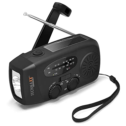 Technaxx Kurbelradio mit Handyladefunktion Solar Radio TX-238 - Tragbares Baustellenradio Notfallradio mit LED-Taschenlampe, USB-A Ausgang zum Laden von Mobilgeräten, Solarpanel,Handschlaufe von technaxx