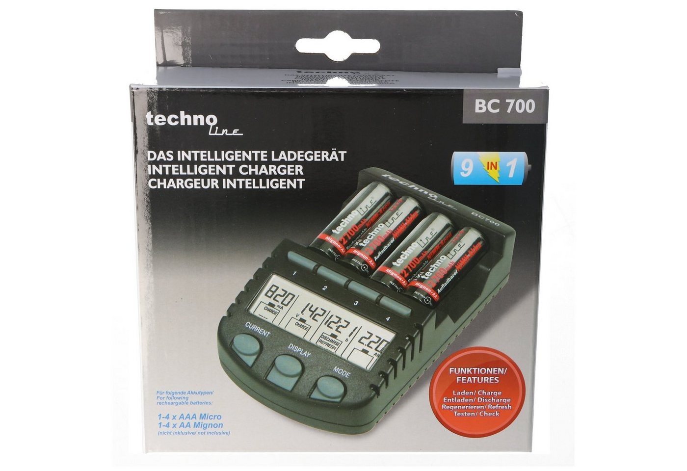 technoline BC-700 Schnell-Ladegerät mit LCD-Display und Entladefunktion Universal-Ladegerät von technoline