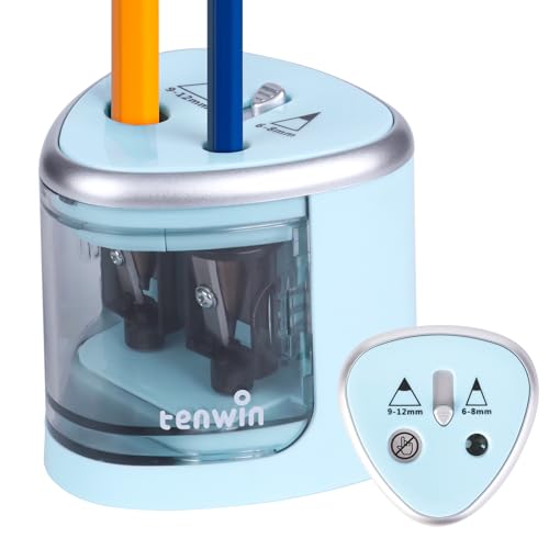 tenwin Elektrischer Bleistiftspitzer, Doppelloch-Batteriespitzer für 6-12mm No.2/Buntstifte, langlebige Klinge zum schnellen Anspitzen, geeignet für Schule/Klassenzimmer/Büro/Haus, Blau von tenwin