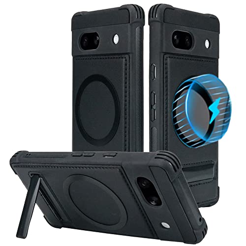 teroxa Schutzhülle für Google Pixel 7A, eingebauter Ständer und Magnetring, kompatibel mit MagSafe Wireless Charger, Leder-Rückseite, TPU-Stoßdämpfer, Metallständer (schwarz) von teroxa