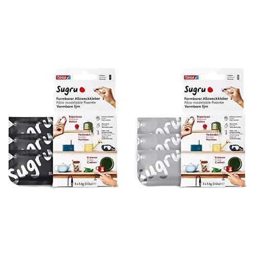 Sugru by tesa - Formbarer Allzweckkleber, 3er-Pack, 3 x 3,5 g, Schwarz - vielseitige Klebeknete & Sugru by tesa - Formbarer Allzweckkleber, 3er-Pack, 3 x 3,5 g, Grau, zum Reparieren ohne Bohren von tesa