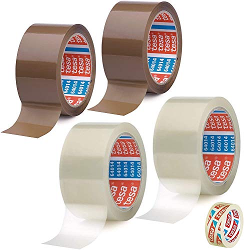Tesa 2 Rollen Braun + 2 Rollen Transparent Paketband Packband, leise abrollend - 50mm X 66m + Gratis Tesafilm [15mm X 10m] (2x Braun +2x Trans. + GRATIS Tesafilm) von tesa