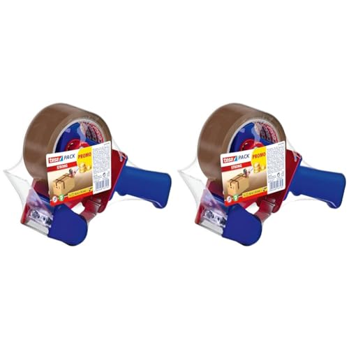 Tesapack Strong und Handabroller im Set mit 1 Rolle geräuscharmem Paketklebeband - Braun - 66 m x 50 mm (Packung mit 2) von tesa