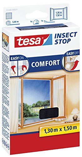 tesa 3 Stück Insect Stop Comfort Fliegengitter für Fenster/Insektenschutz mit Selbstklebendem Klettband in Anthrazit / 130 cm x 150 cm von tesa