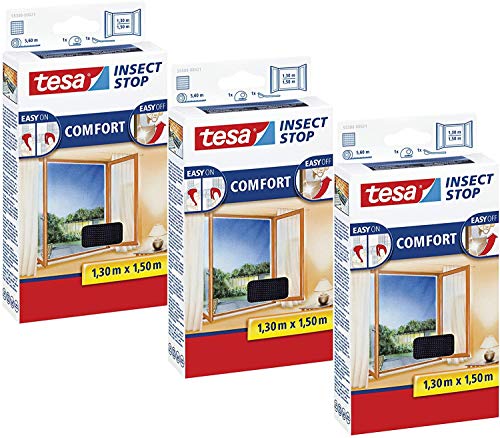 tesa Insect Stop COMFORT Fliegengitter Fenster - Fliegen Netz ohne Bohren (130 cm x 150 cm, 3er Pack/Anthrazit (Durchsichtig)) von tesa