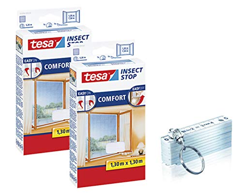tesa Insect Stop COMFORT Fliegengitter Fenster - Insektenschutz mit Klettband selbstklebend 130 cm x 130 cm, 2er Pack/Weiß (Leichter Sichtschutz) + SCHLÜSSELANHÄNGER ZOLLSTOCK 50 cm von tesa