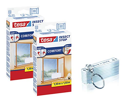 tesa Insect Stop COMFORT Fliegengitter Fenster - Insektenschutz mit Klettband selbstklebend 130 cm x 150 cm, 2er Pack/Weiß (Leichter Sichtschutz) + SCHLÜSSELANHÄNGER ZOLLSTOCK 50 cm von tesa