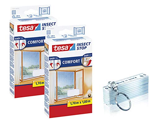 tesa Insect Stop COMFORT Fliegengitter Fenster - Insektenschutz mit Klettband selbstklebend 170 cm x 180 cm, 2er Pack/Weiß (Leichter Sichtschutz) + SCHLÜSSELANHÄNGER ZOLLSTOCK 50 cm von tesa