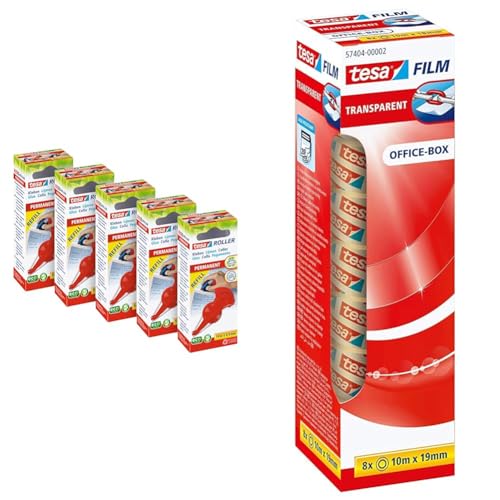 tesa Kleberoller permanent Nachfüllkassette im 5er Pack & tesafilm transparent - Transparentes Klebeband mit starker Haftung - alterungsbeständig und reißfest - 10 m x 19 mm - 8er Pack von tesa