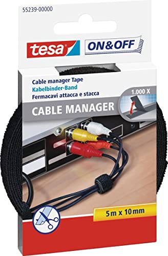 tesa On & Off Cable Manager UNIVERSAL - Klett-Kabelbinder zur Kabelaufbewahrung - bündelt Kabel in Haushalt und Büro - zuschneidbar - 10 mm x 5 m von tesa