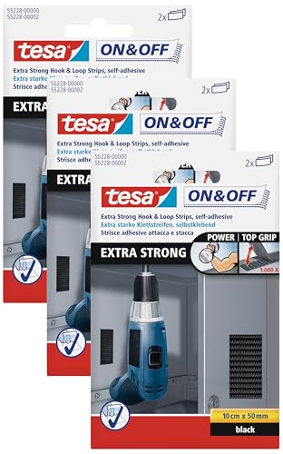 tesa On & Off Extrastarke Klett Klebepads - Selbstklebende Klettstreifen zum Befestigen schwerer Gegenstände, extra stark - Schwarz - 10 cm x 5 cm - 2 Stück, 3er Pack von tesa
