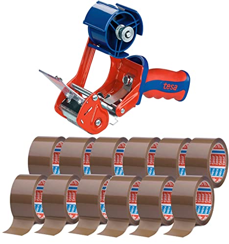 tesa Packband Handabroller, Modell "Comfort" für Rollen bis 66m x 50mm (Maxi ‎Bundle mit 12 Rollen Paketklebeband, braun) von tesa