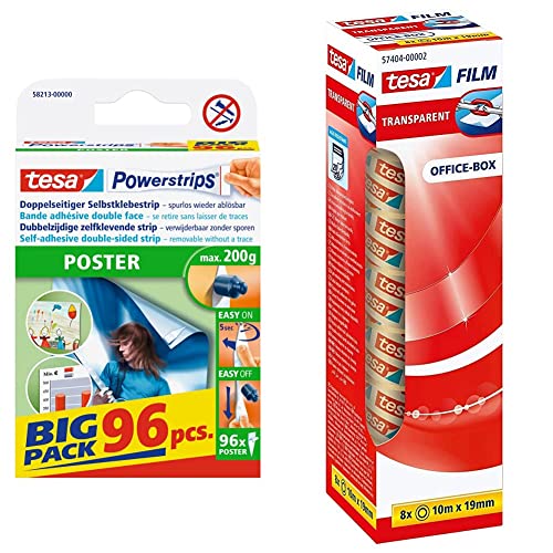 tesa Powerstrips POSTER Big Pack - Doppelseitige Klebestreifen für Poster und Plakate - Bis zu 200 g Halteleistung - 96 Stück & film transparent - 10 m x 19 mm - 8er Pack von tesa