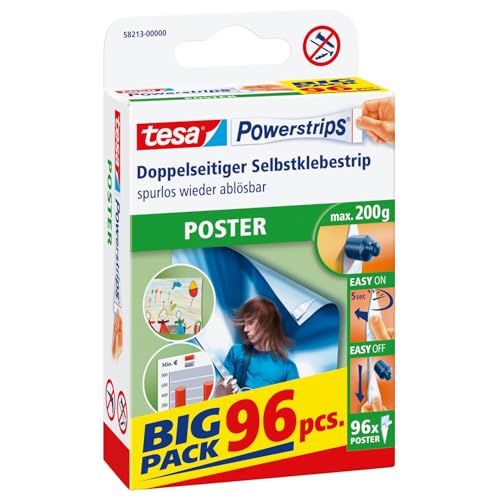 tesa Powerstrips POSTER Big Pack - Doppelseitige Klebestreifen für Poster und Plakate - Selbstklebend und spurlos wieder ablösbar - Bis zu 200 g Halteleistung - 96 Stück von tesa