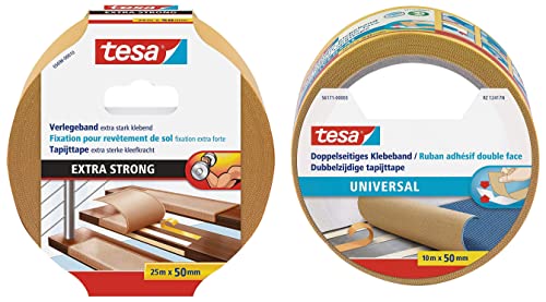 tesa Verlegeband extra stark klebend - Doppelseitiges Klebeband zum Verlegen von Teppich und PVC-Belag - 25 m x 50 mm & Doppelseitiges Klebeband Universal - Vielseitiges Klebeband - 10 m x 50 mm von tesa