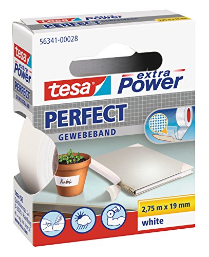 tesa extra Power Perfect Gewebeband - Gewebeverstärktes Ductape zum Basteln, Reparieren, Befestigen, Verstärken und Beschriften - Weiß - 2,75 m x 19 mm von tesa