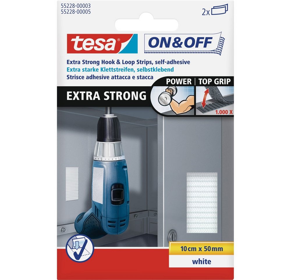 tesa tesa ON&OFF Extra Strong Klettstreifen 2St. 10/50, weiß. Elektro-Kabel, Klettverschluss, Wetterfest und langlebig von tesa
