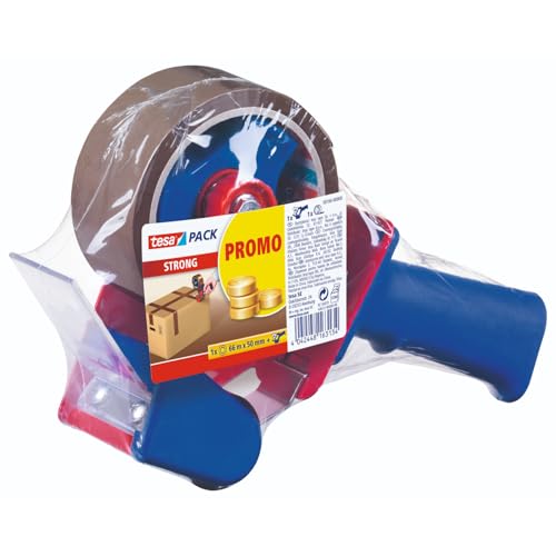 tesa tesapack Strong und Handabroller im Set mit 1 Rolle geräuscharmem Paketklebeband - Braun - 66 m x 50 mm von tesa