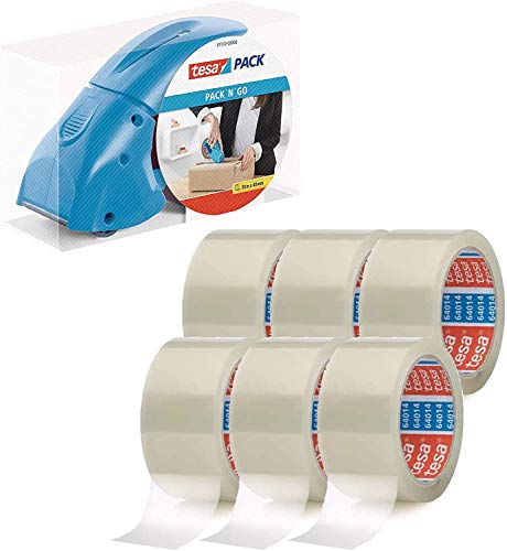 tesapack Abroller Pack' n' Go - Ergonomischer, blauer Handabroller für Paketbänder - Inklusive 50 m x 48 mm Klebeband (1 Abroller + 6 Rollen) von tesa