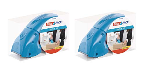 tesapack Abroller Pack' n' Go - Ergonomischer, blauer Handabroller für Paketbänder - Inklusive 50 m x 48 mm Klebeband (2 Abroller) von tesa