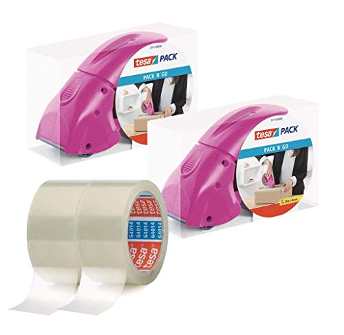 tesapack Abroller Pack' n' Go - Ergonomischer, pinker Handabroller für Paketbänder - Inklusive 50 m x 48 mm Klebeband (2 Abroller + 2 Rollen) von tesa
