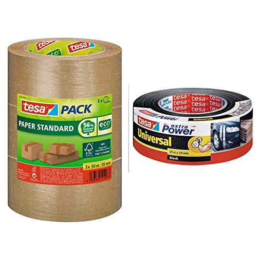 tesapack Papier Standard - Umweltschonendes Paketband aus Papier, Braun - 3x 50 m x 50 mm & extra Power Universal Gewebeband - Gewebeverstärktes Ductape zum Reparieren, Schwarz - 50 m x 50 mm von tesa