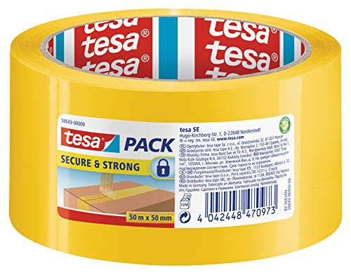 tesapack Secure & Strong - gelbes Paketband mit Siegel-Effekt für einen sicheren Transportweg, 50m:50mm von tesa