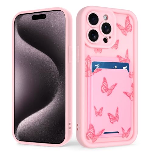 tharlet Kompatibel mit iPhone 15 Pro Max Wallet Case mit Kartenhalter, Niedliches Schmetterlingsmuster, weiches TPU, Anti-Kratzer, Stoßfeste Brieftaschenhülle für iPhone 15 Pro Max, Rosa von tharlet