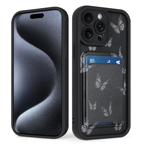 tharlet Kompatibel mit iPhone 15 Pro Max Wallet Case mit Kartenhalter, Niedliches Schmetterlingsmuster, weiches TPU, Anti-Kratzer, Stoßfeste Brieftaschenhülle für iPhone 15 Pro Max, Schwarz von tharlet