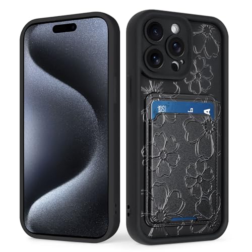 tharlet Kompatibel mit iPhone 15 Pro Max Wallet Case mit Kartenhalter, süßes Blumenmuster, weiches TPU, Anti-Kratzer, stoßfest, Brieftaschenhülle für iPhone 15 Pro Max, Schwarz von tharlet