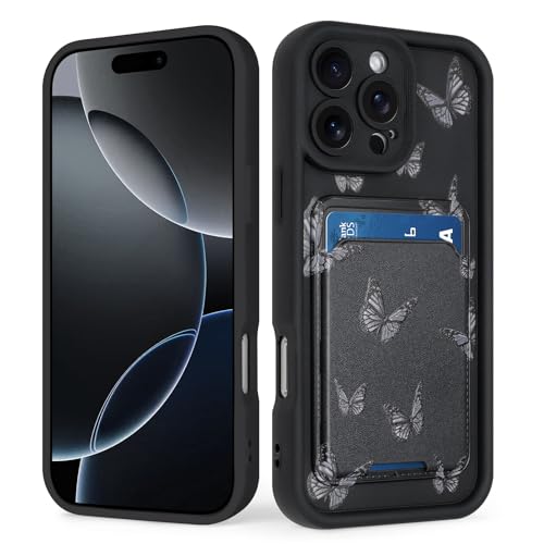 tharlet Kompatibel mit iPhone 16 Pro Max Wallet Case mit Kartenhalter, Niedliches Schmetterlingsmuster, weiches TPU, Anti-Kratzer, Stoßfeste Brieftaschenhülle für iPhone 16 Pro Max, Schwarz von tharlet