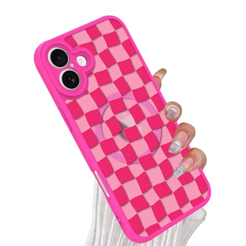 tharlet Magnetische Schutzhülle für iPhone 16 Plus, Hot Pink Grids Plaid Checkerboard [kompatibel mit MagSafe] schlanker, durchscheinender, matter Kameraobjektivschutz für iPhone 16 Plus, Hot Pink von tharlet