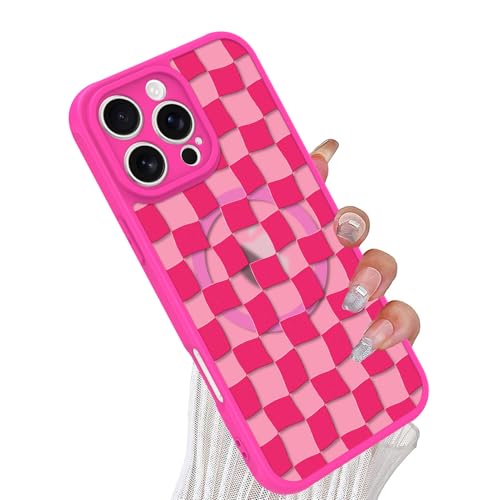 tharlet Magnetische Schutzhülle für iPhone 16 Pro Max, Hot Pink Grids Plaid Checkerboard [Kompatibel mit MagSafe] Schlanker, durchscheinender, matter Kameraobjektivschutz für iPhone 16 Pro Max, Hot von tharlet