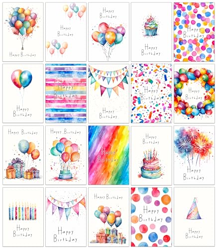 20 verschiedene Geburtstagskarten, Multipack, 12 x 17 cm, umweltfreundlich, mit Kraftumschlägen (Geburtstags-Aquarellen) von the lazy panda card company