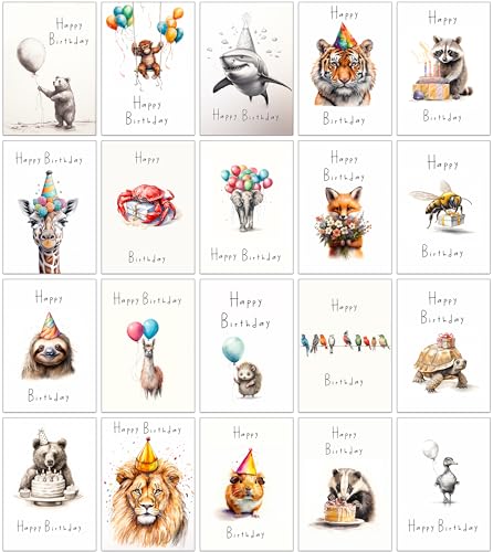 20 verschiedene Geburtstagskarten, Multipack, 12 x 17 cm, umweltfreundlich, mit Kraftumschlägen (Geburtstagstiere) von the lazy panda card company