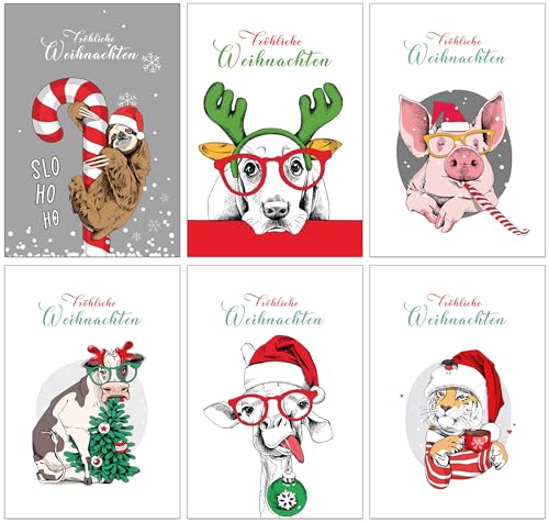 30 lustige Weihnachtskarten (Klappkarten) mit 6 verschiedenen Tiermotiven mit braunen Umschlägen aus recyceltem Kraftpapier (Weihnachten Tiere) von the lazy panda card company