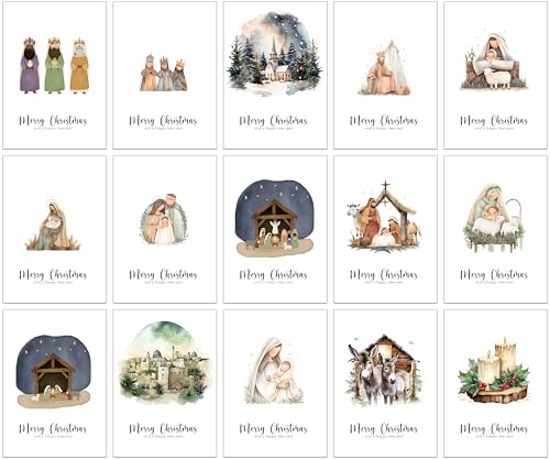 30 religiöse Weihnachtskarten mit 15 verschiedenen Aquarell-Designs und 30 braunen Kraftumschlägen aus Recyclingpapier 30 religiöse Weihnachtskarten mit 15 verschiedenen Aquarell-Designs und 30 braunen Kraftumschlägen aus Recyclingpapier von the lazy panda card company