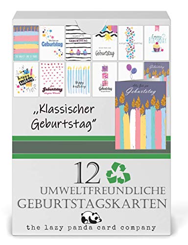 Geburtstagskarten Set - 12 umweltfreundliche Karten und Umschläge aus recyceltem Papier, Kindergeburtstagskarten, Geburtstagskarten für Erwachsene von the lazy panda card company