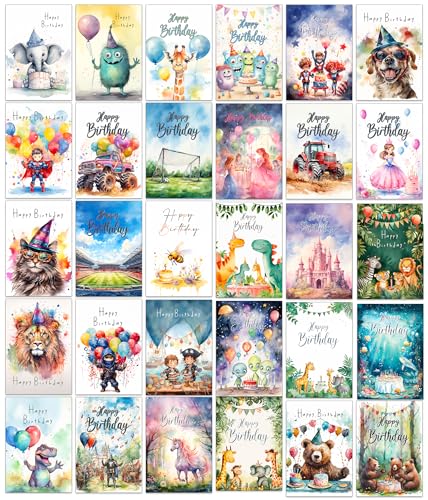 the lazy panda card company, 30 verschiedene, farbenfrohe und lustige Kindergeburtstagskarten mit Umschlägen (Kinder) von the lazy panda card company