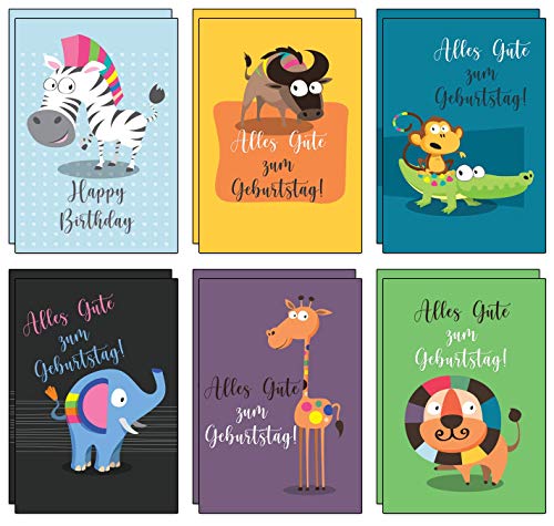 the lazy panda card company 12 bunte und fröhliche Geburtstagskarten für Kinder inkl. 12 rote Umschläge aus recyceltem Papier von the lazy panda card company