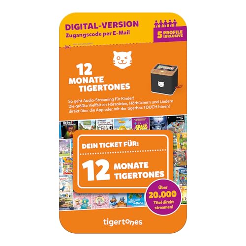 Tigermedia tigertones-Ticket (DIGITAL) sofort vergübar 12 Monate Audio-Streaming 20.000 Hörspiele Hörbücher Kindermusik tigerbox 5 Profile | Aktivierungscode per Email von tigermedia