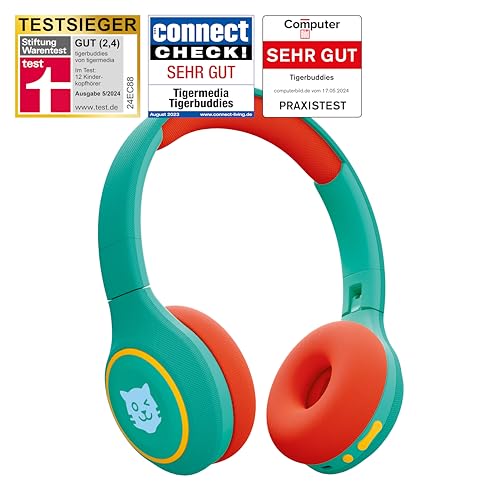 tigermedia tigerbuddies Kinderkopfhörer grün on-Ear Bluethooth AUX Lautstärkebegrenzung Stereo Sound Premium-Qualität perfekt für tigerbox, 145x191.5x76.5mm von tigermedia