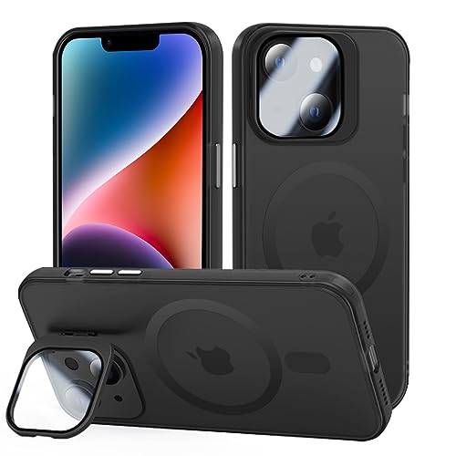 Tigratigro Case with Kickstand, Compatible Mag-Safe with iPhone 14, H9 Tempered Glass Camera Protection, Frosted Translucent Back Cover, Anti-Fingerprint, Velvet Touch(Graphite Black) von tigratigro