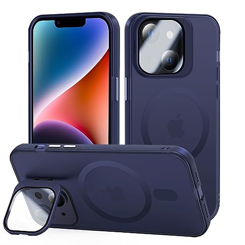 Tigratigro Case with Kickstand, Compatible Mag-Safe with iPhone 14, H9 Tempered Glass Camera Protection, Frosted Translucent Back Cover, Anti-Fingerprint, Velvet Touch(Navy Blue) von tigratigro